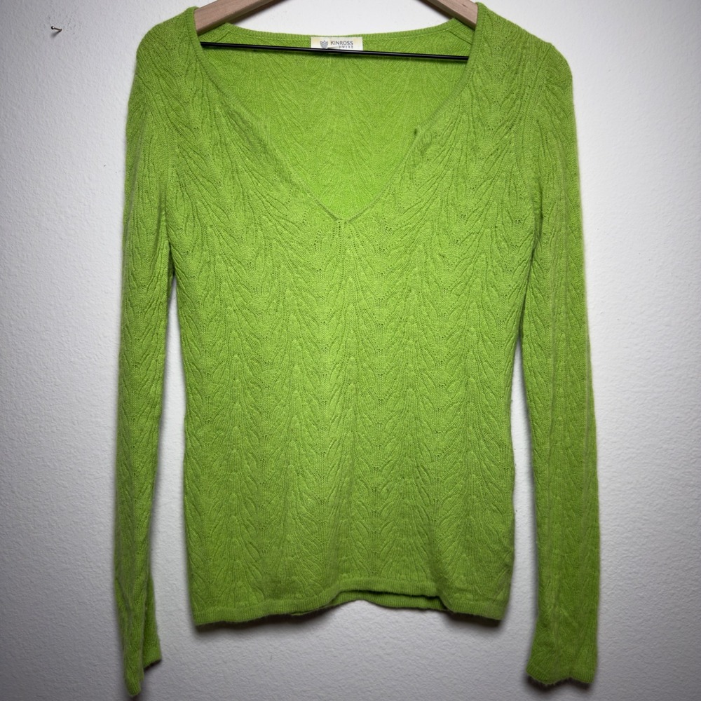Kinross Women 100% Cashmere Sweater Small Green Pointelle Knit Preppy Whimsy